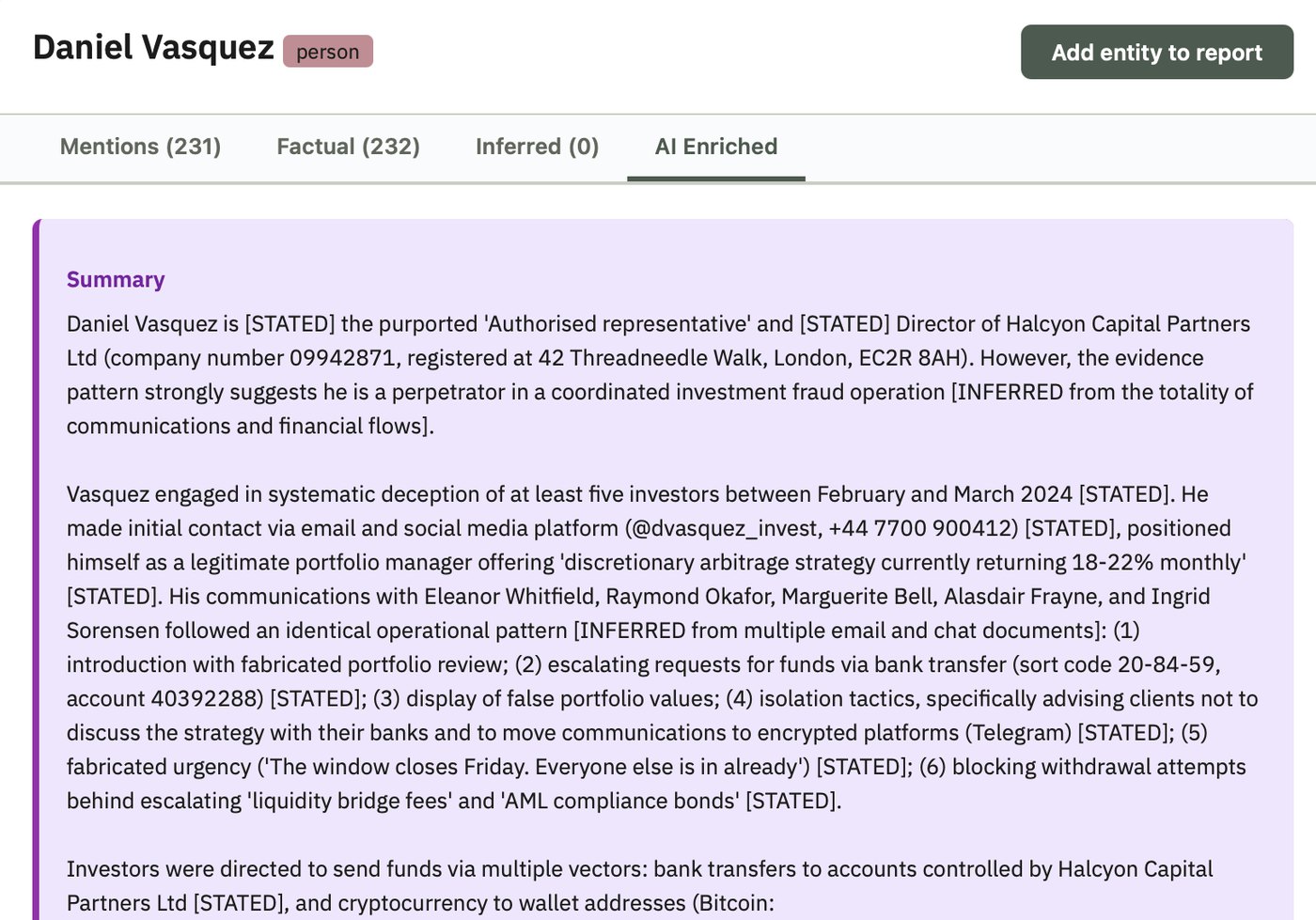 AI enrichment: a written summary of a person in the case, with every claim marked STATED where it came from a document or INFERRED where the model concluded it